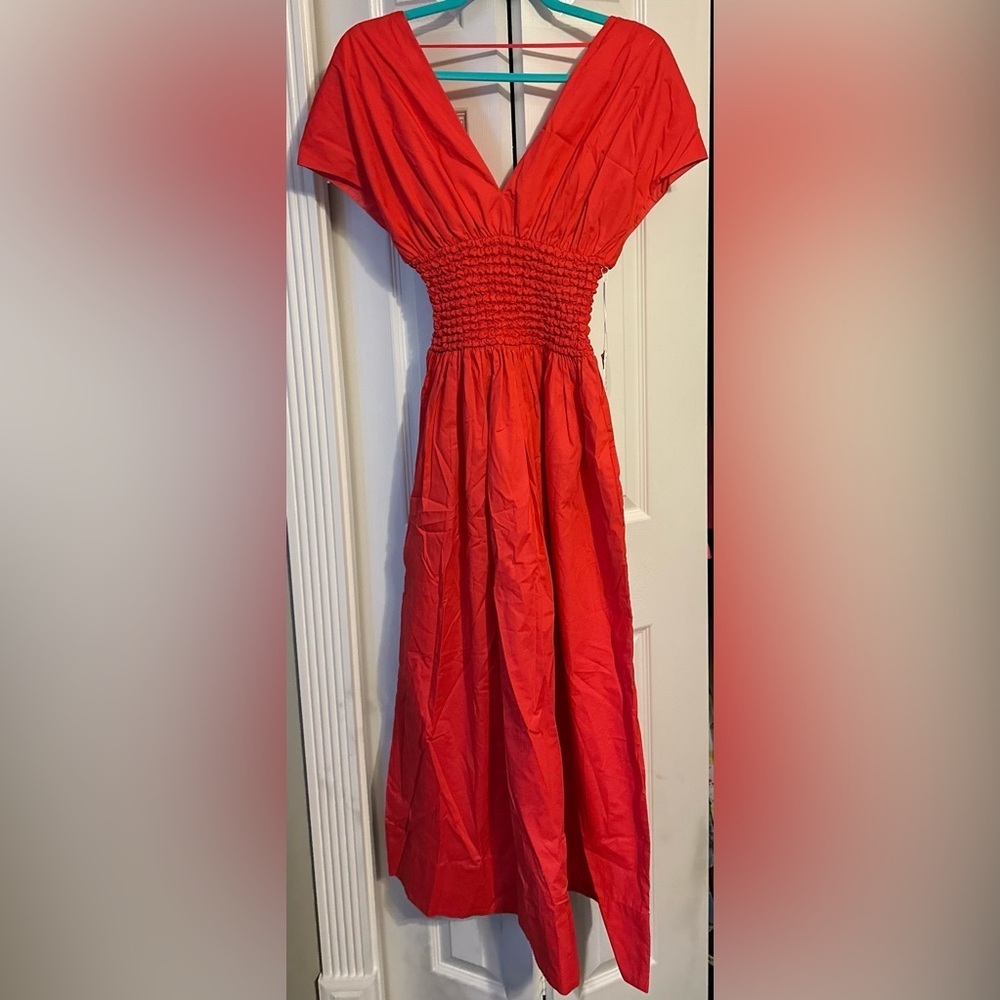 STAUD Jackson Smocked Midi Dress Hibiscus Red NWT S Rare Sold Out Never Tried On - Picture 6 of 10